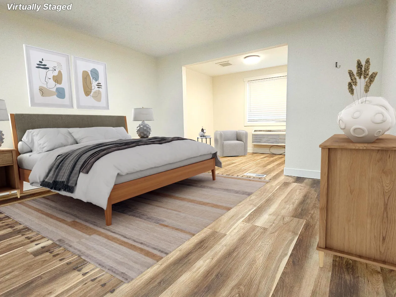 Private room at Blue Mountain Residential Care Home in Oregon City, virtually staged with bed and furniture