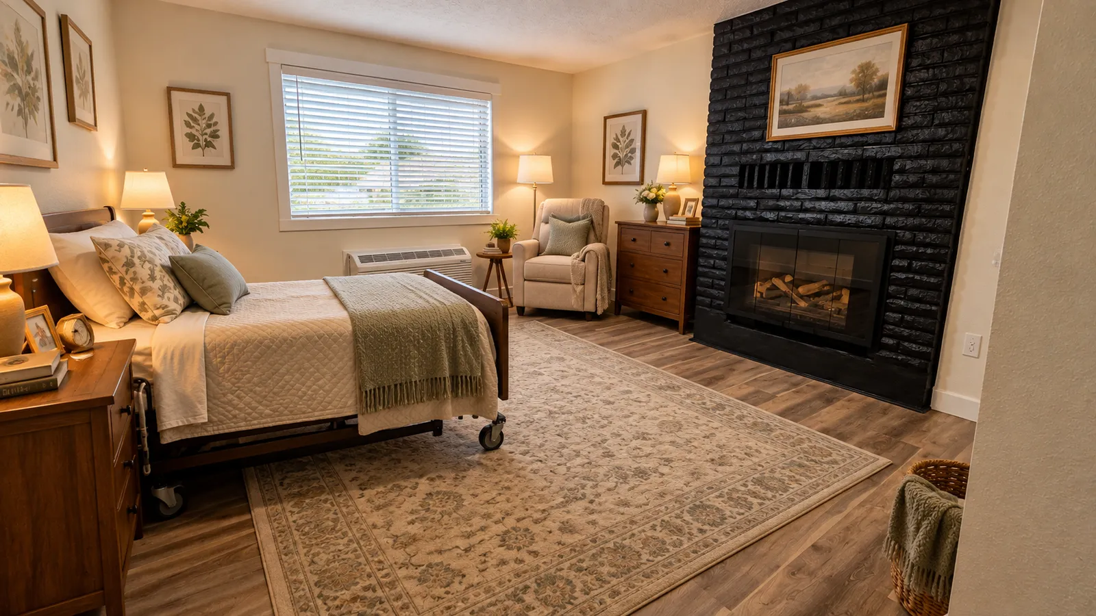 Private room 4 with fireplace at Blue Mountain Residential Care Home in Oregon City, virtually staged with furniture