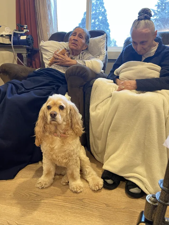 A visiting dog sits beside two residents resting in the living room.